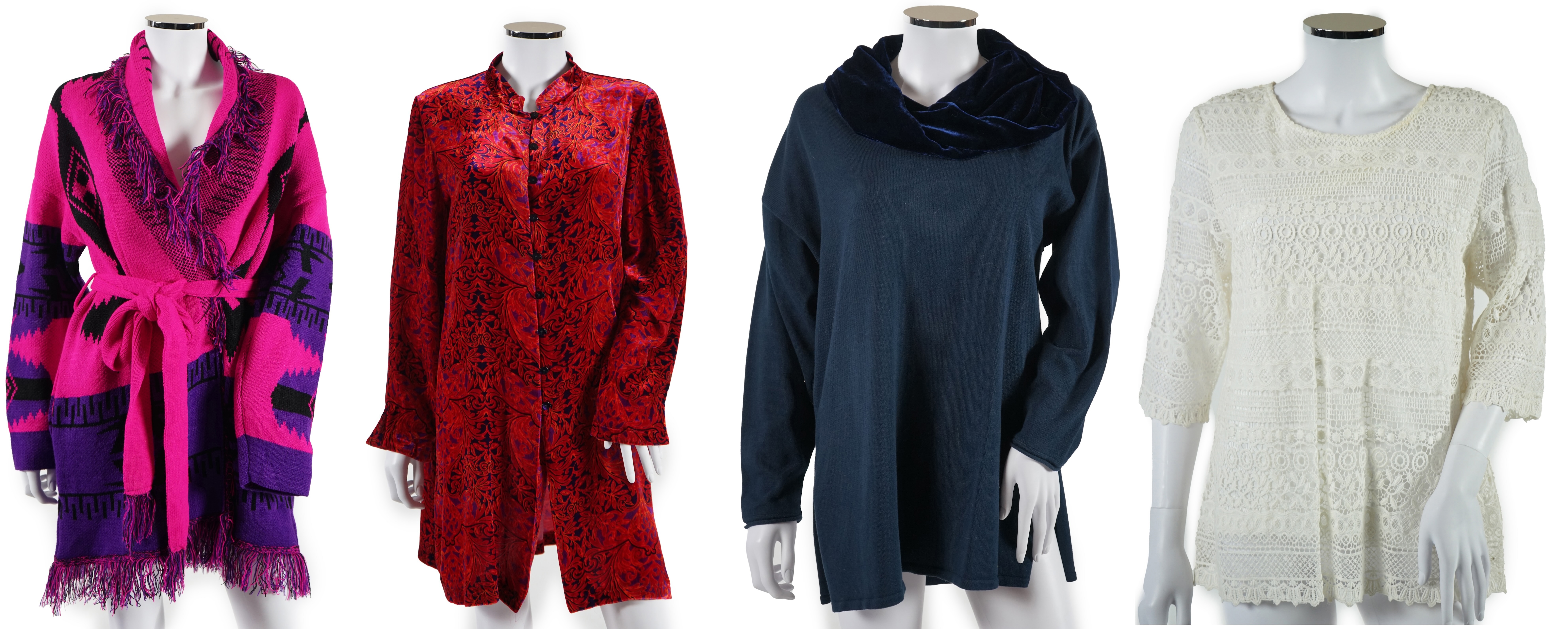 An assortment of lady's clothes including a knitted coat/cardigan, a Sahara velvet overshirt and linen trousers, a Joules white cotton lace top, an Aiger dark grey trouser and long sleeve lounge suit, etc. Sizes 14-16 Pr